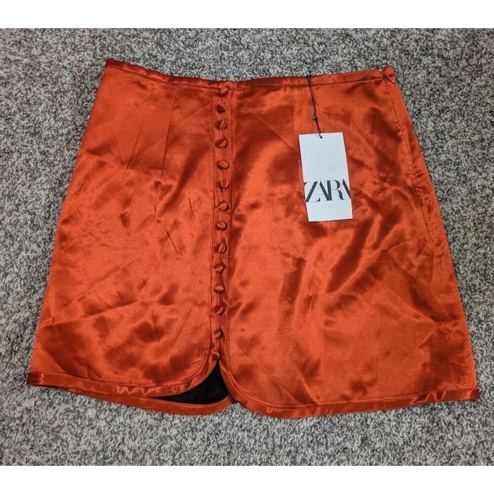 ZARA Women Medium Orange Skirt Mini Satin Effect Side Buttons